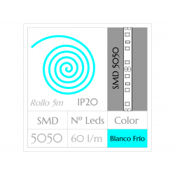 Tira LED  (5m)  Luz Fría 6000ºK SMD 5050 60Leds/m NO Impermeable