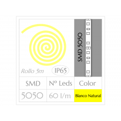 KIT COMPLETO de Tira LED  (5m)  Luz Blanco Natural 4500ºK  SMD5050  60 Leds/m  IMPERMEABLE