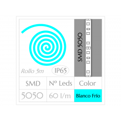 KIT COMPLETO de Tira LED  (5m)  BLANCO FRÍO 6000ºK  SMD5050  60 Leds/m  IMPERMEABLE