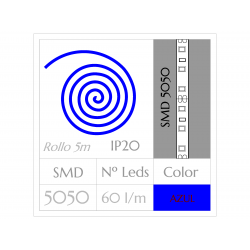 KIT COMPLETO de Tira LED  (5m)  AZUL PURO SMD5050  60 Leds/m  NO Impermeable