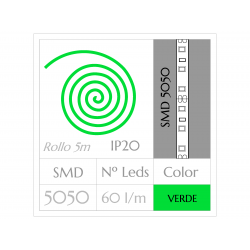 KIT COMPLETO de Tira LED  (5m)  VERDE PURO SMD5050  60 Leds/m  NO Impermeable