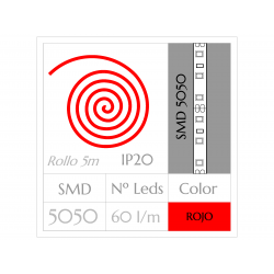 KIT COMPLETO de Tira LED  (5m)  ROJO PURO SMD5050  60 Leds/m  NO Impermeable