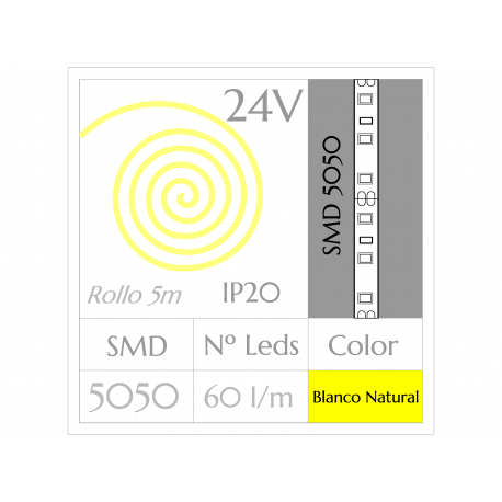 Tira LED 24V  (5m)  Luz Natural 4500ºK SMD 5050 60Leds/m NO Impermeable